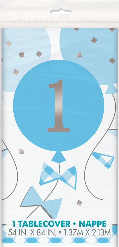Blue Gingham 1st Birthday Rectangular Plastic Table Cover 54in x 84in