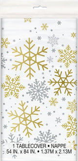 Silver & Gold Holiday Snowflakes Rectangular Plastic Table Cover 54 x 84
