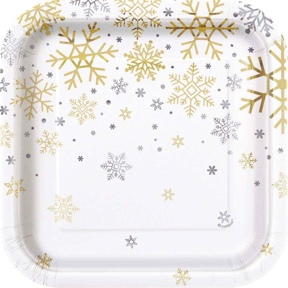 Silver & Gold Holiday Snowflakes Square 7in Dessert Plates 8ct - Foil Board