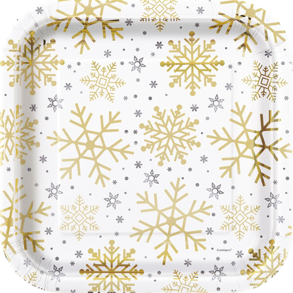 Silver & Gold Holiday Snowflakes Square 9in Dinner Plates 8ct - Foil Board