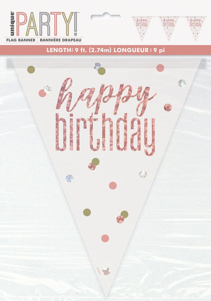 Glitz Rose Gold Prismatic Plastic Flag Banner 9ft - Happy Birthday