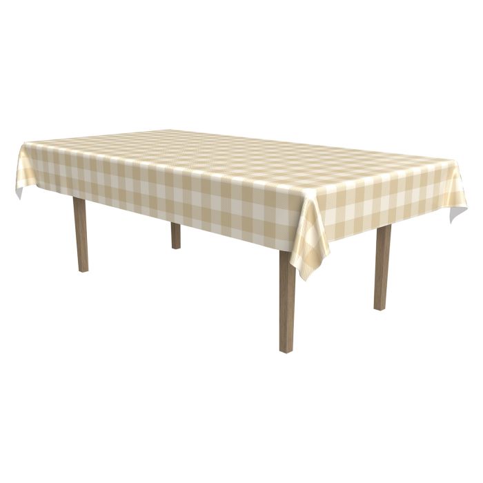 Beige Plaid Plastic Table Cover 54in x 108in