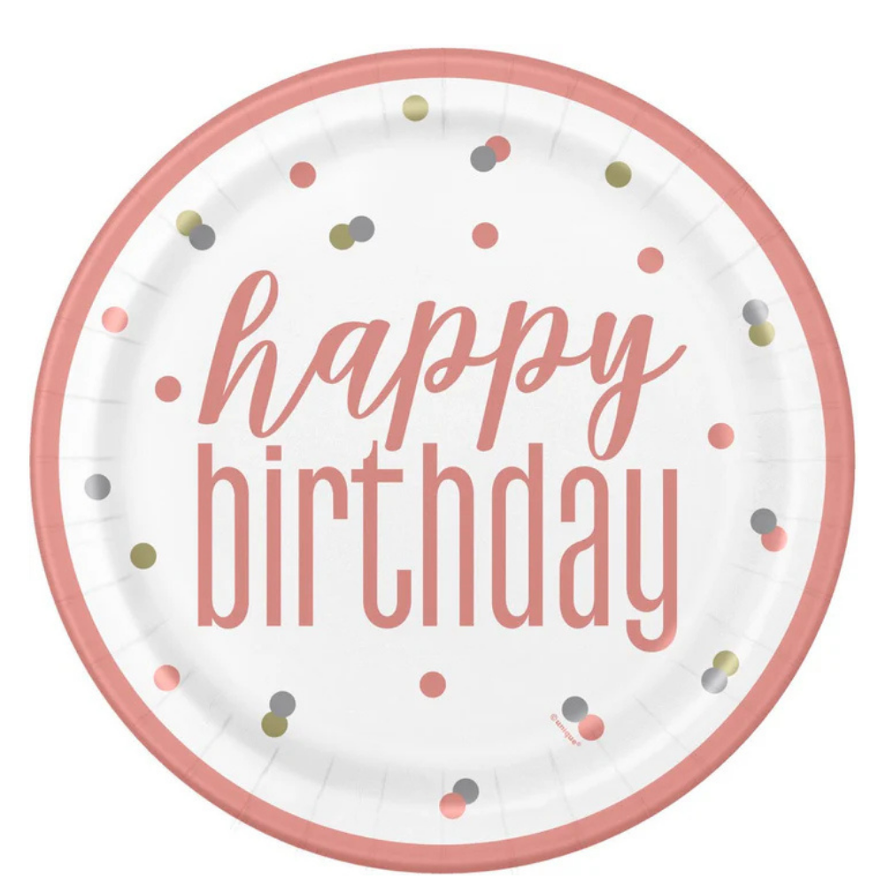 Glitz Rose Gold Happy Birthday 9in Dinner Plates 8ct