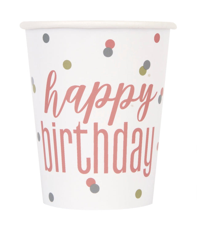 Glitz Rose Gold Happy Birthday Cups 9oz